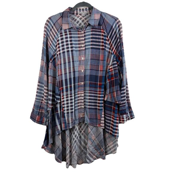 See And Be Seen Plaid Ruffle High Low Hem Button Front Shirt Medium Boho Western - Picture 1 of 16
